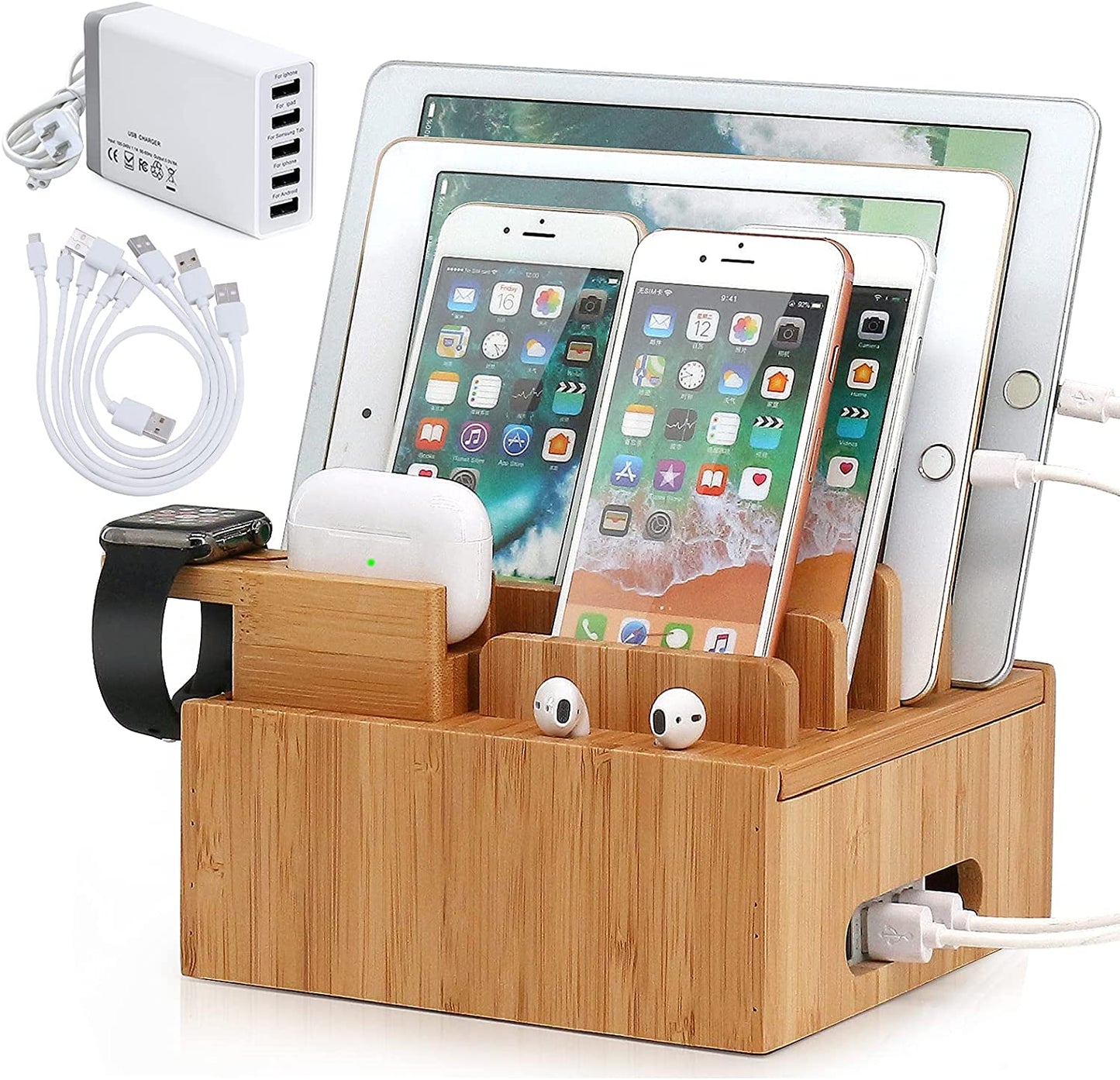 Stazione di Ricarica in Bambù con Organizer e 5 Porte USB | Per Smartphone, Tablet e Smartwatch | Include Set di Cavi