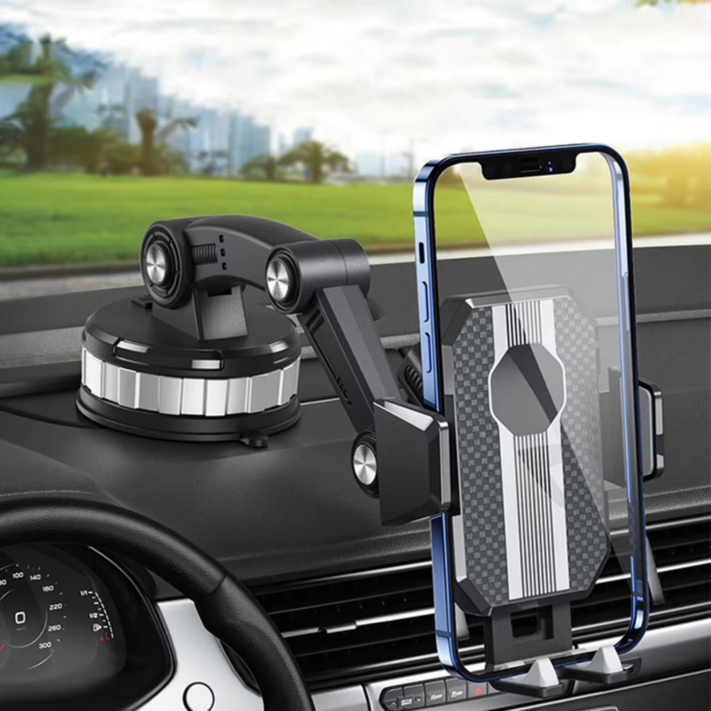 Supporto Smartphone per Auto con Forte Ventosa, Rotazione a 360° e Utilizzo con una Sola Mano – Supporto Universale per Telefono da Auto