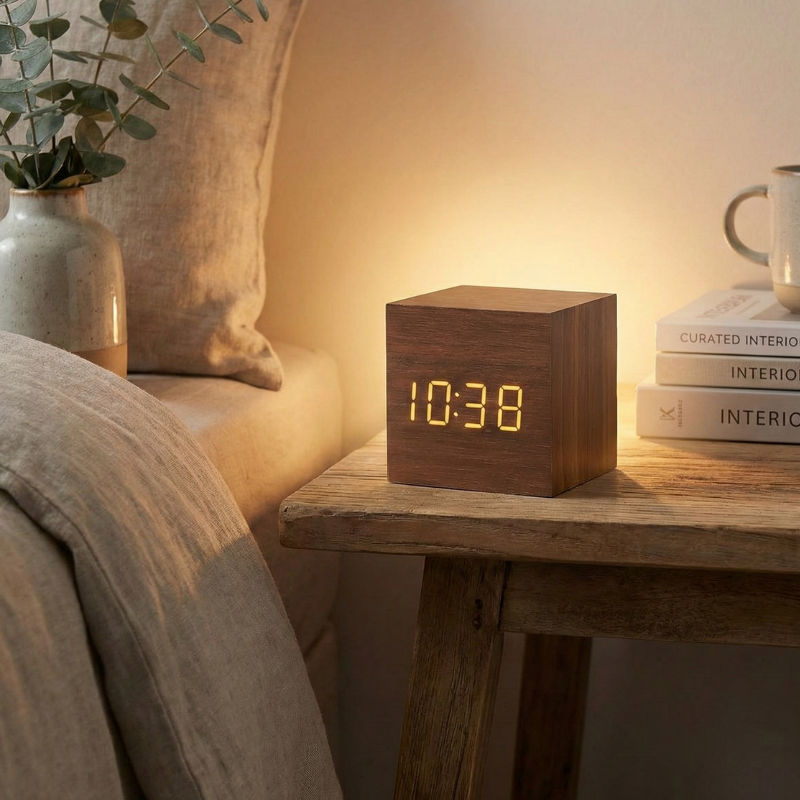 Sveglia Orologio da Tavolo in Legno con Funzione Simulazione Alba e Display LED