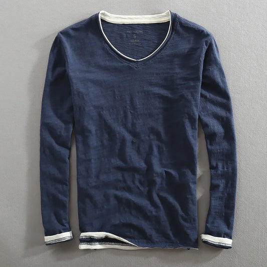 T-shirt da uomo a maniche lunghe con scollo a V
