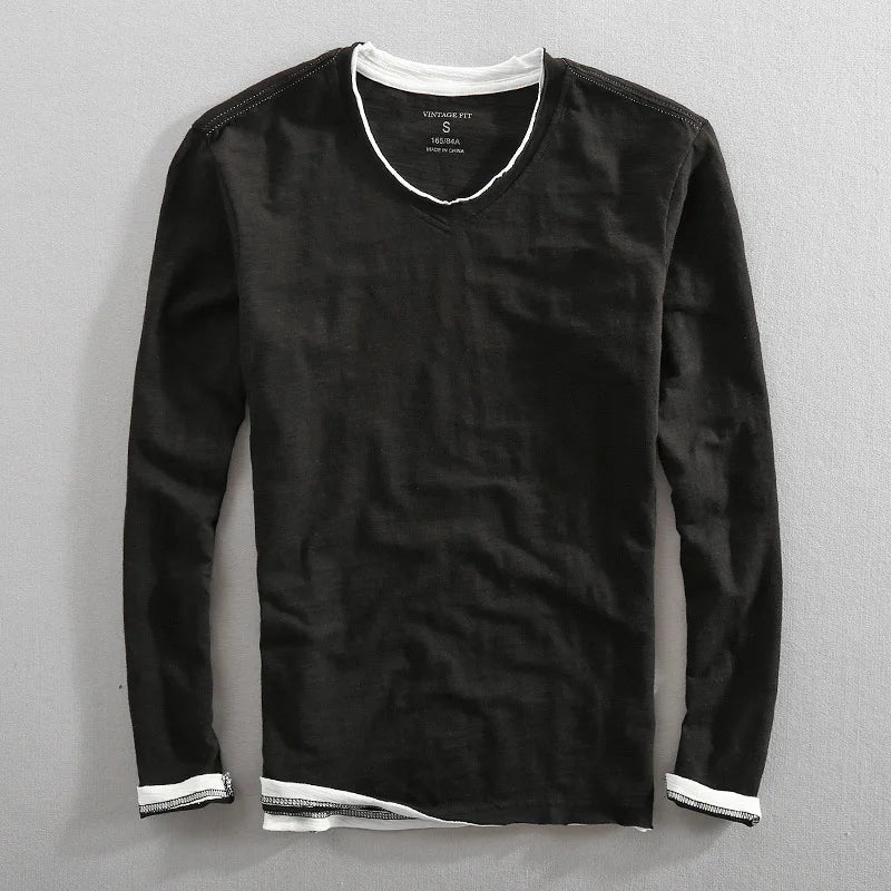 T-shirt da uomo a maniche lunghe con scollo a V