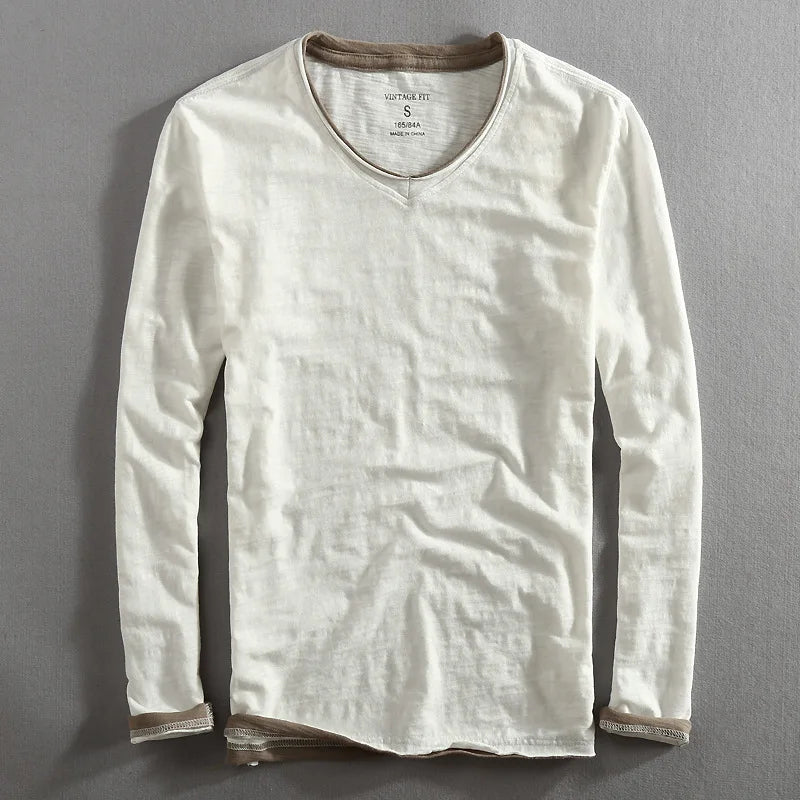 T-shirt da uomo a maniche lunghe con scollo a V