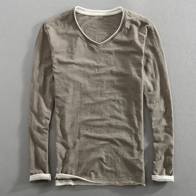 T-shirt da uomo a maniche lunghe con scollo a V