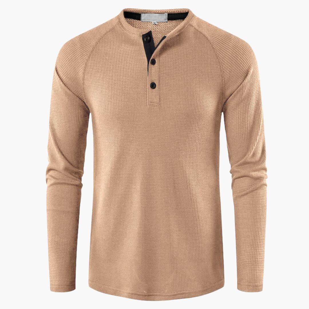 T-shirt Henley da uomo a maniche lunghe con abbottonatura e texture naturale