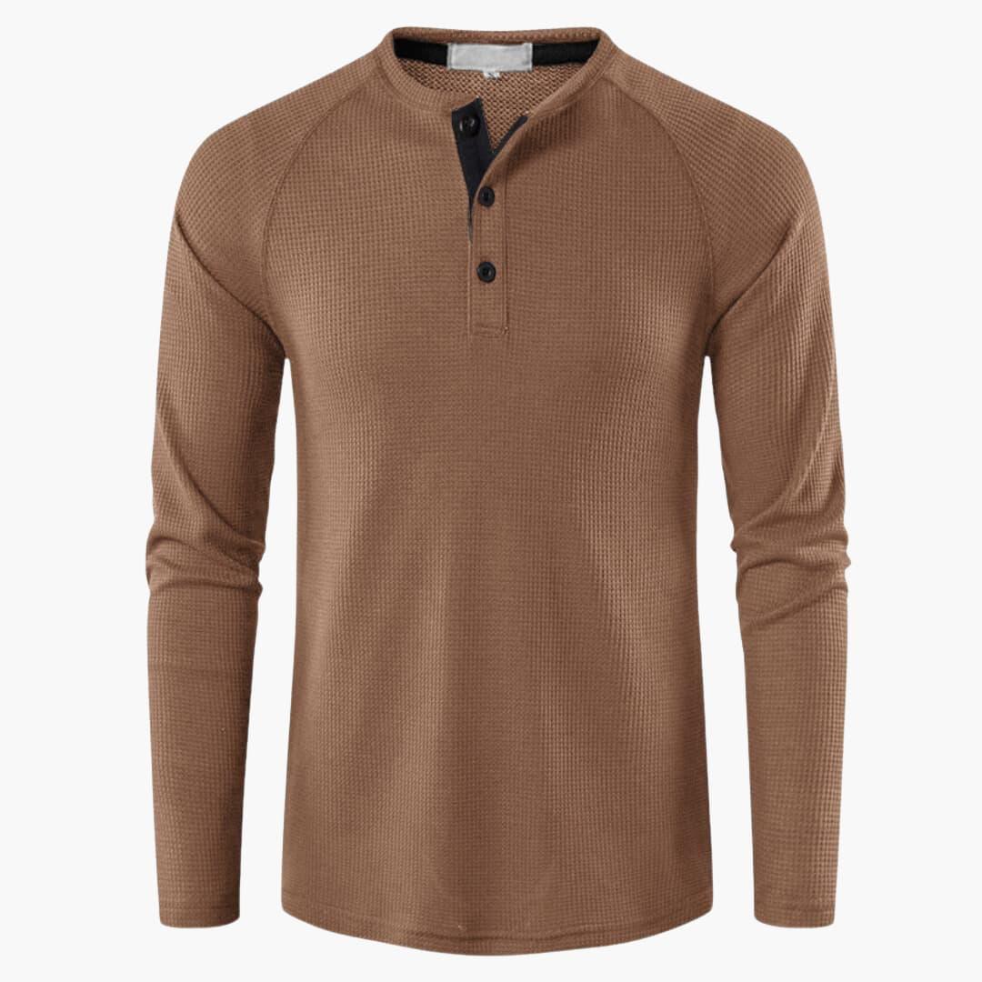 T-shirt Henley da uomo a maniche lunghe con abbottonatura e texture naturale