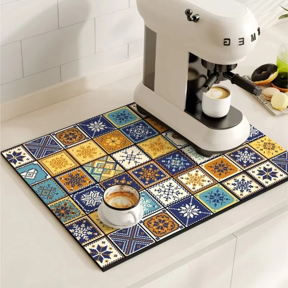 Tappetino per macchina del caffè con motivo a piastrelle retro – proteggi piano di lavoro assorbente