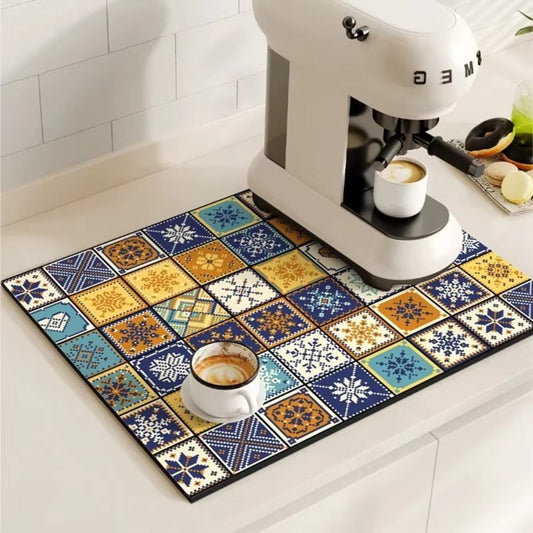 Tappetino per macchina del caffè con motivo a piastrelle retro – proteggi piano di lavoro assorbente