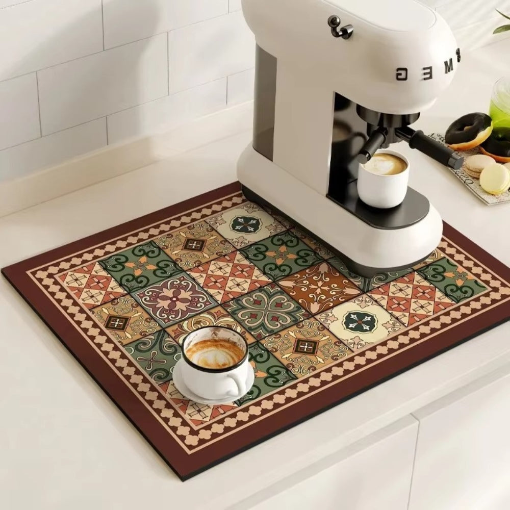Tappetino per macchina del caffè con motivo a piastrelle retro – proteggi piano di lavoro assorbente