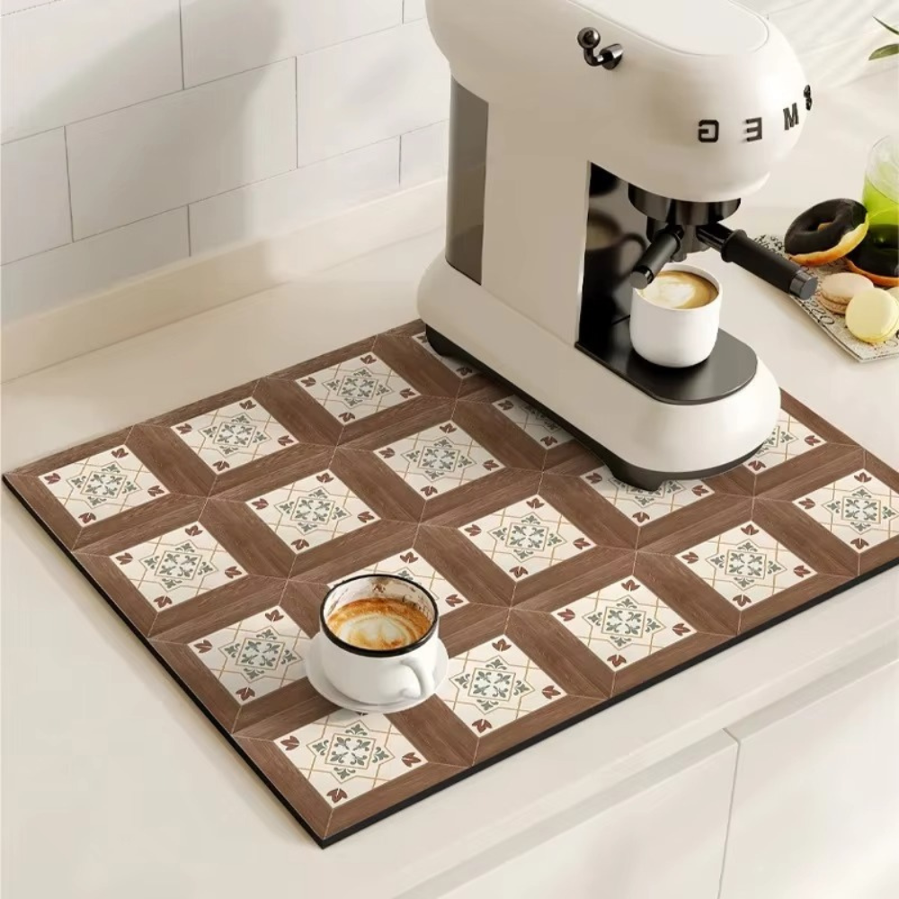 Tappetino per macchina del caffè con motivo a piastrelle retro – proteggi piano di lavoro assorbente