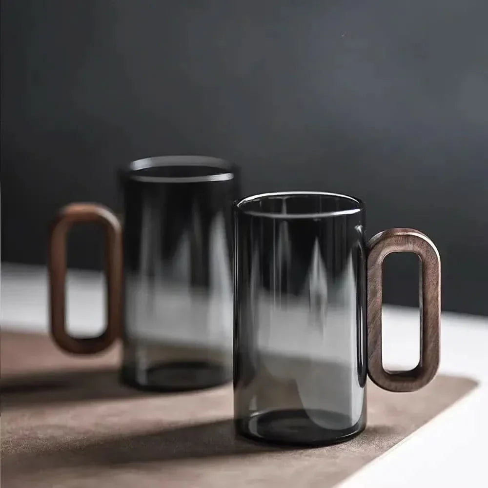 Tazza mug in vetro termoresistente con manico rustico in legno – 350 ml