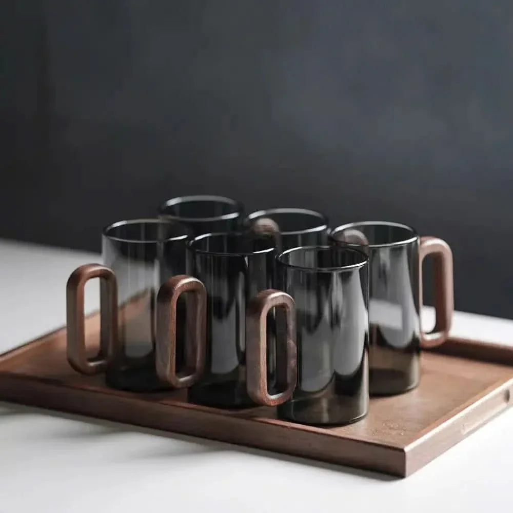 Tazza mug in vetro termoresistente con manico rustico in legno – 350 ml