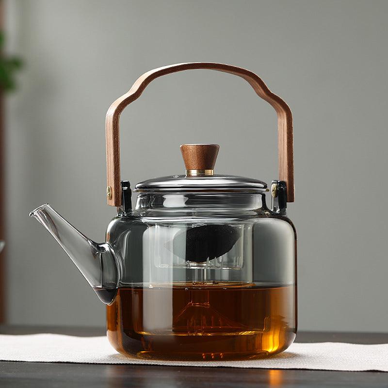 Teiera in vetro da 1,2 l con coperchio in legno e filtro – Vetro fumé e legno per un elegante servizio del tè