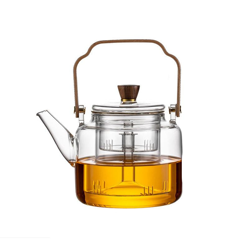 Teiera in vetro da 1,2 l con coperchio in legno e filtro – Vetro fumé e legno per un elegante servizio del tè