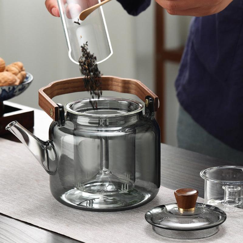 Teiera in vetro da 1,2 l con coperchio in legno e filtro – Vetro fumé e legno per un elegante servizio del tè