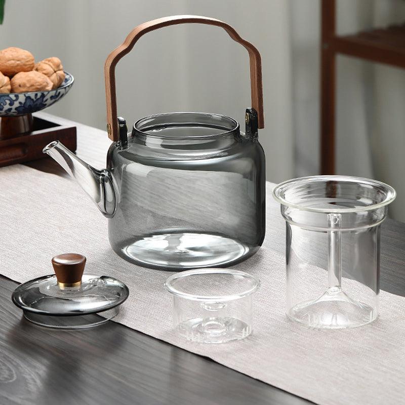 Teiera in vetro da 1,2 l con coperchio in legno e filtro – Vetro fumé e legno per un elegante servizio del tè