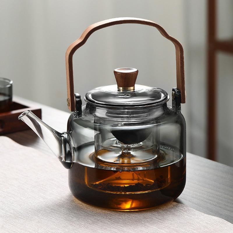 Teiera in vetro da 1,2 l con coperchio in legno e filtro – Vetro fumé e legno per un elegante servizio del tè