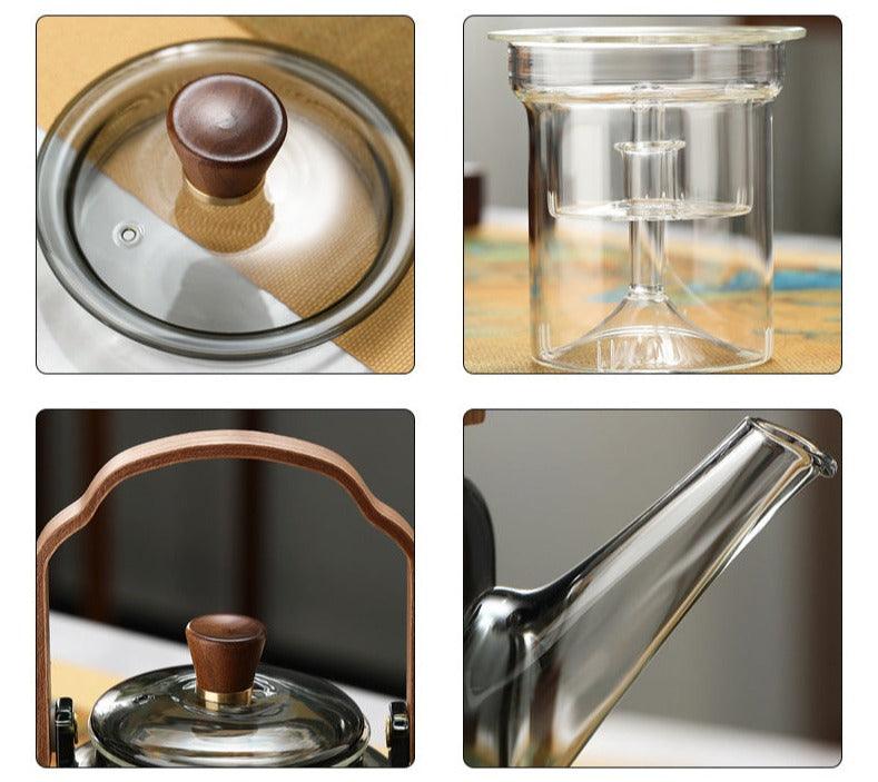 Teiera in vetro da 1,2 l con coperchio in legno e filtro – Vetro fumé e legno per un elegante servizio del tè