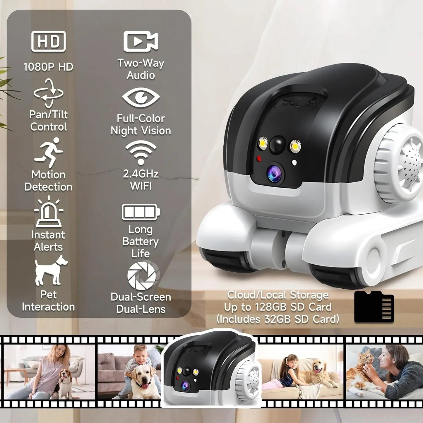 Telecamera 1080P per animali domestici - Audio bidirezionale - Visione notturna a colori fino a 10 m - Avviso di movimento - Scheda SD da 32 GB