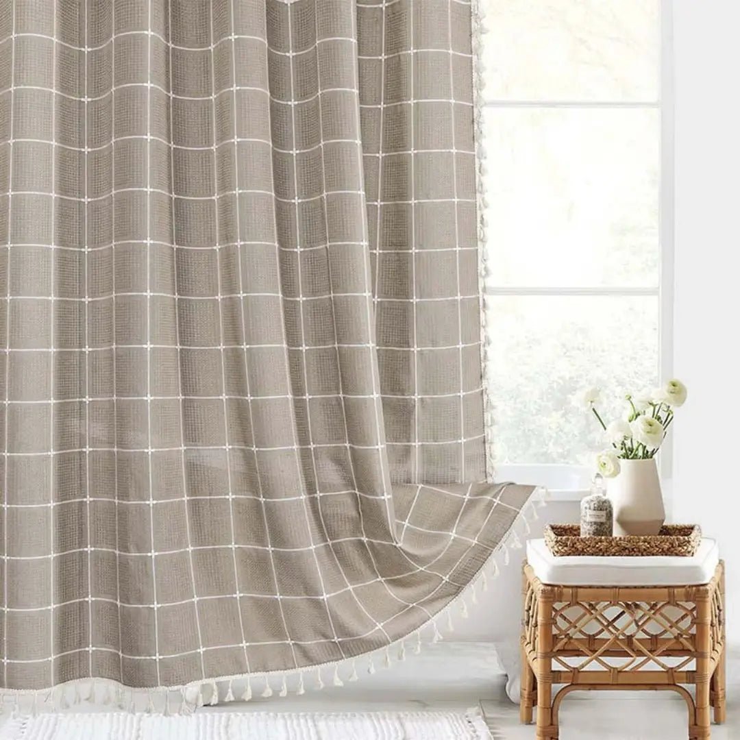 Tenda da doccia bohémien effetto lino impermeabile con nappe