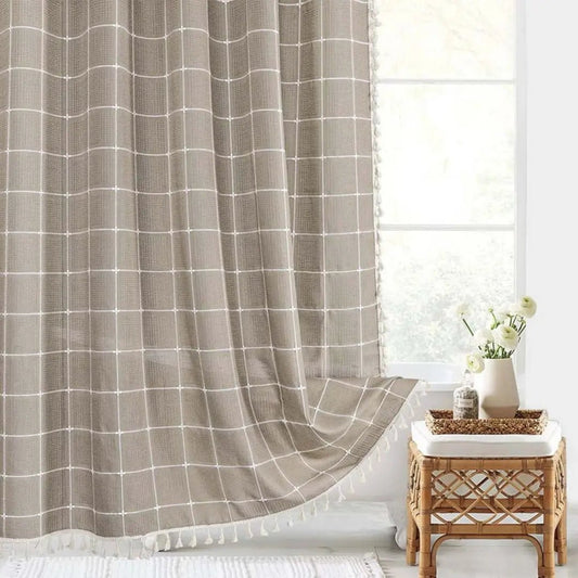 Tenda da doccia bohémien effetto lino impermeabile con nappe