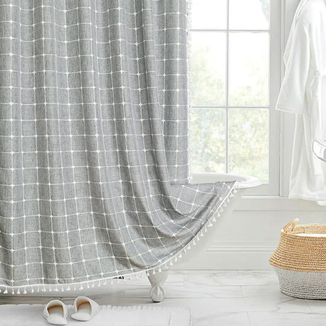 Tenda da doccia bohémien effetto lino impermeabile con nappe