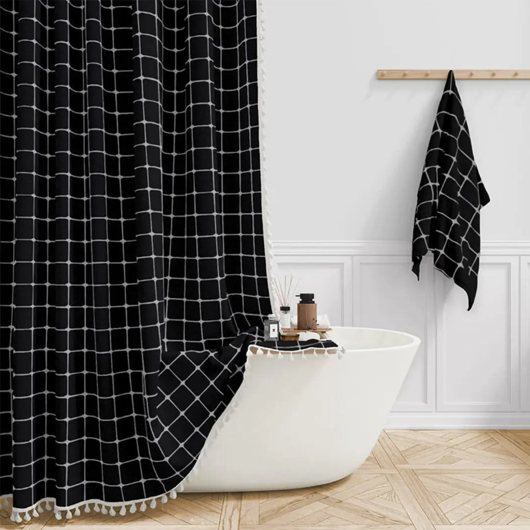 Tenda da doccia bohémien effetto lino impermeabile con nappe