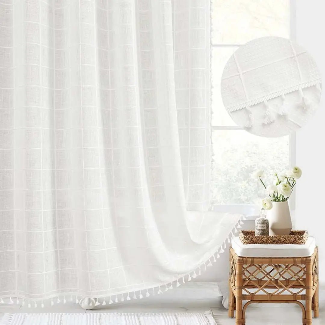 Tenda da doccia bohémien effetto lino impermeabile con nappe