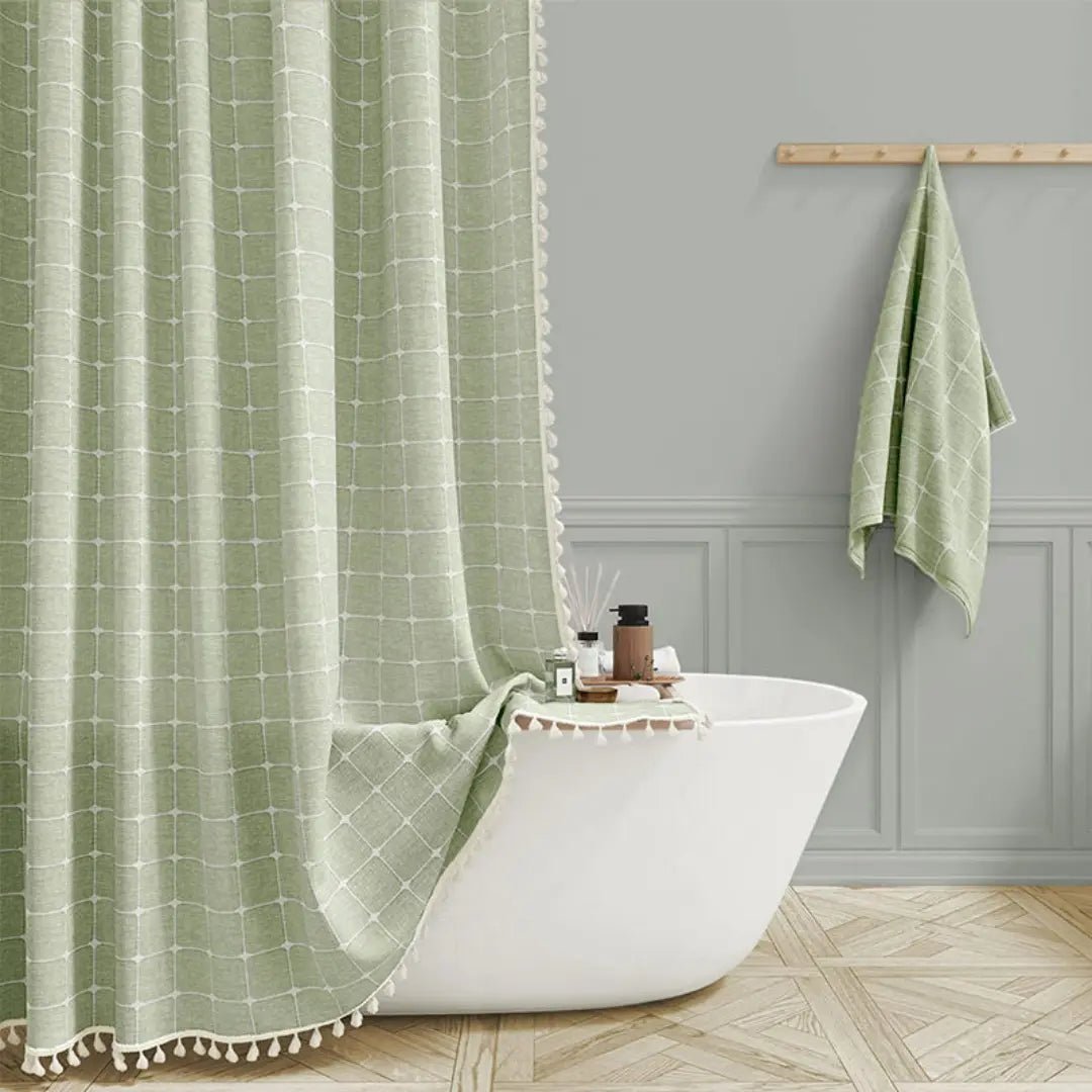 Tenda da doccia bohémien effetto lino impermeabile con nappe