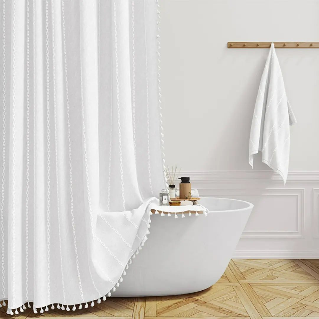Tenda da doccia bohémien effetto lino impermeabile con nappe