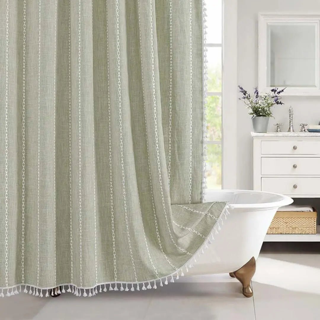 Tenda da doccia bohémien effetto lino impermeabile con nappe
