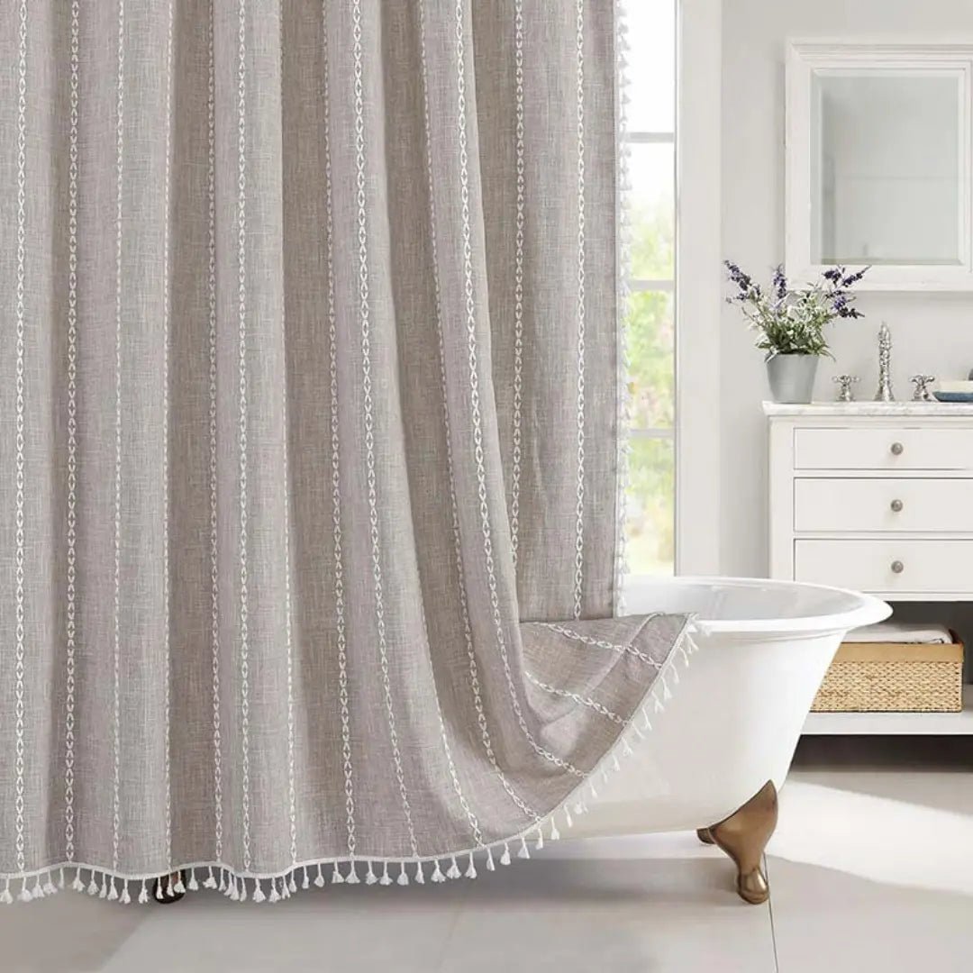 Tenda da doccia bohémien effetto lino impermeabile con nappe