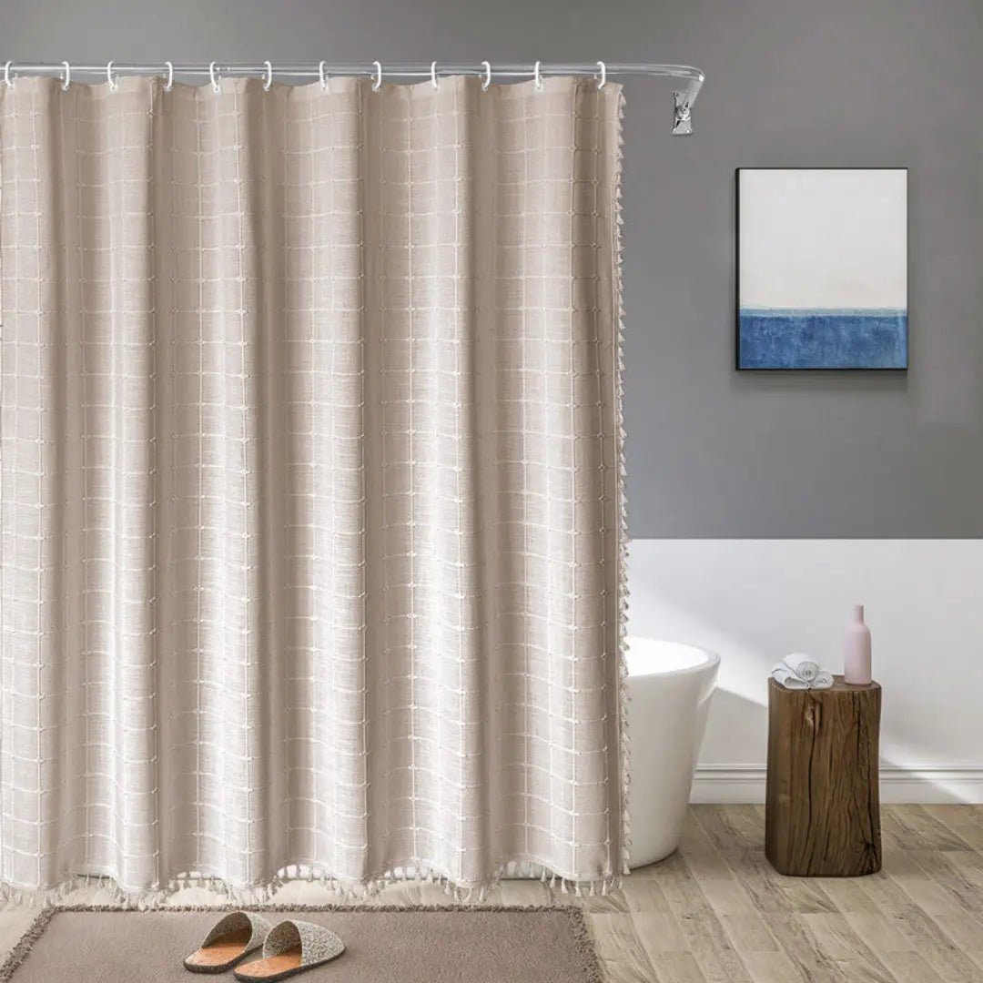 Tenda da doccia bohémien effetto lino impermeabile con nappe