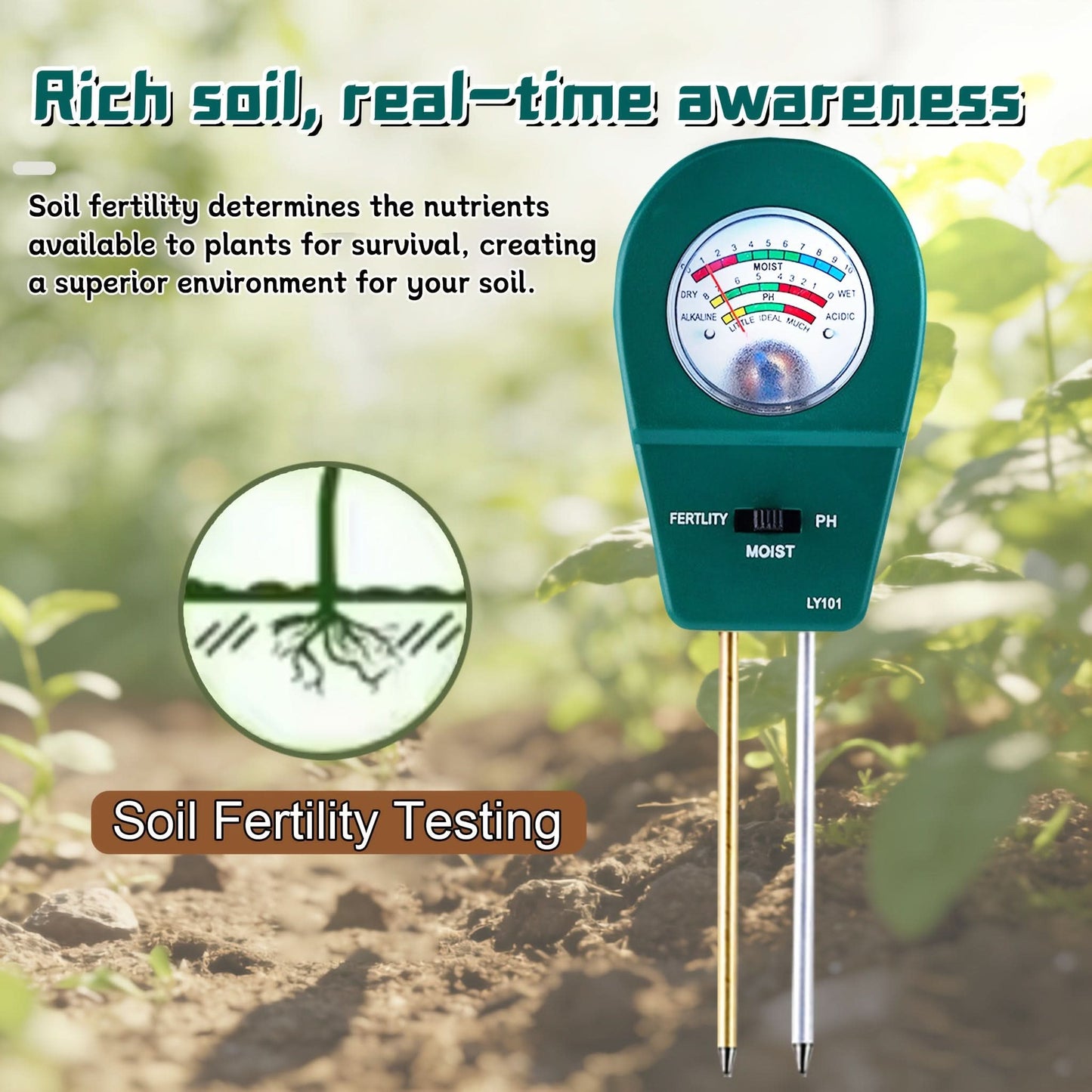 Tester del suolo 3 in 1 per umidità, contenuto di sostanze nutritive e valore del pH per piante sane