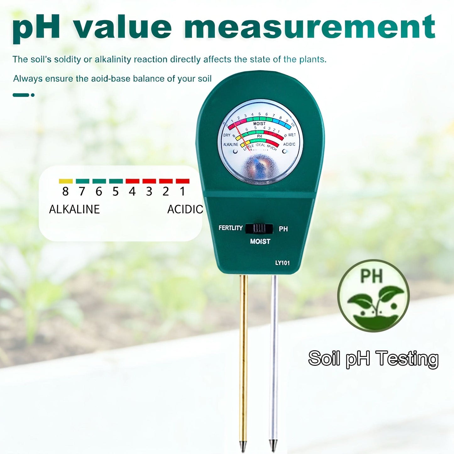 Tester del suolo 3 in 1 per umidità, contenuto di sostanze nutritive e valore del pH per piante sane