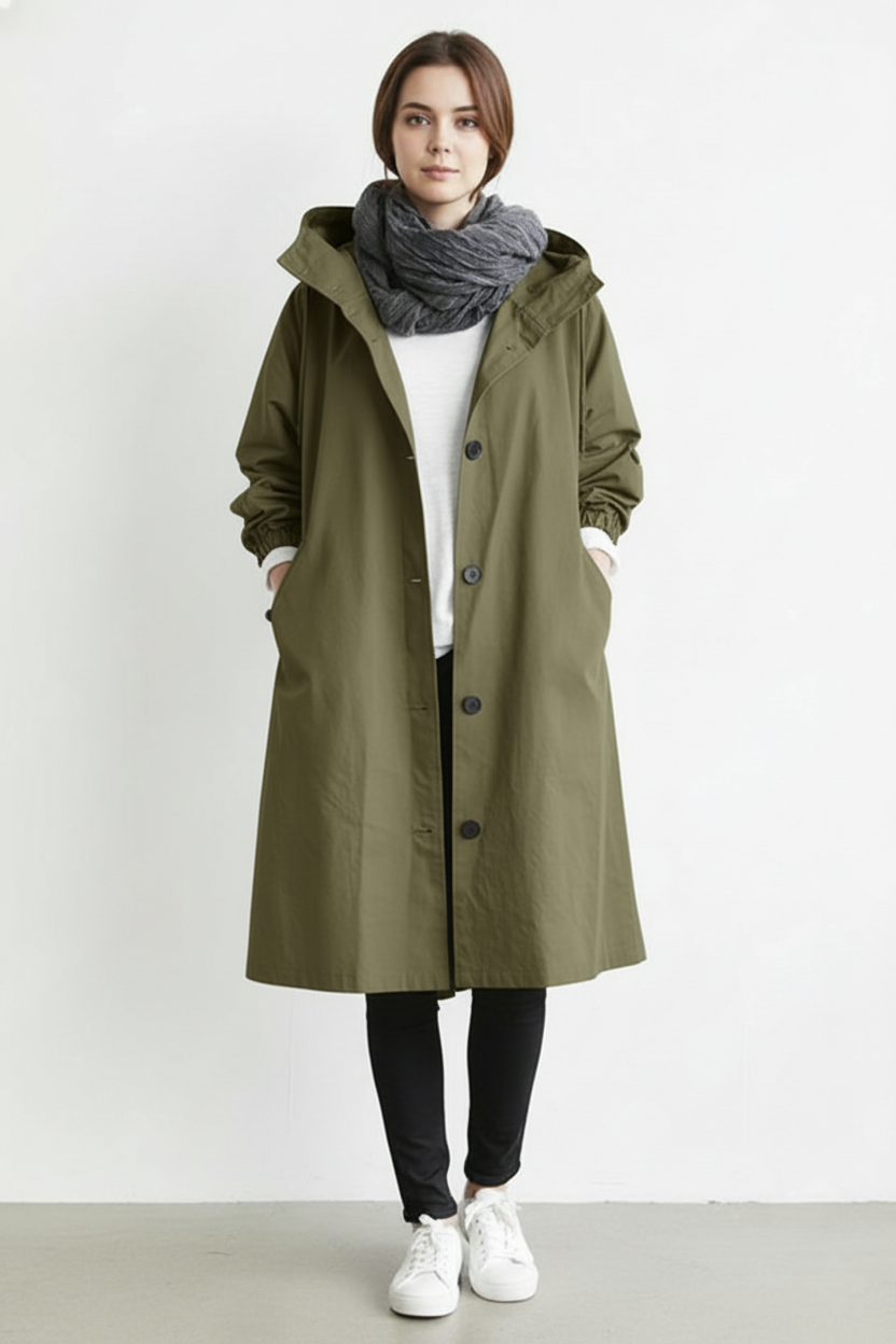 Trench coat da donna impermeabile e antivento con cappuccio per l'autunno e l'inverno