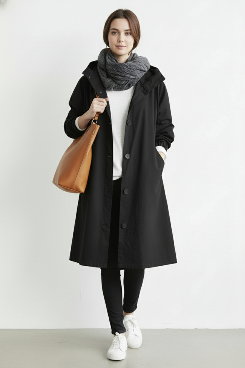 Trench coat da donna impermeabile e antivento con cappuccio per l'autunno e l'inverno