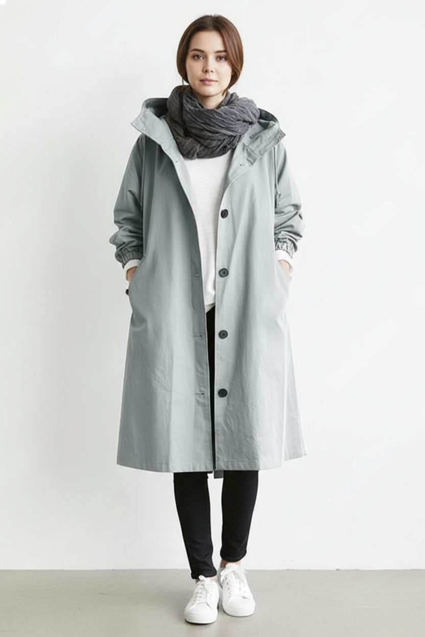 Trench coat da donna impermeabile e antivento con cappuccio per l'autunno e l'inverno
