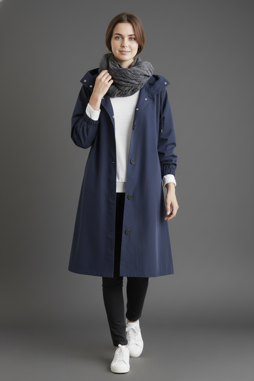 Trench coat da donna impermeabile e antivento con cappuccio per l'autunno e l'inverno