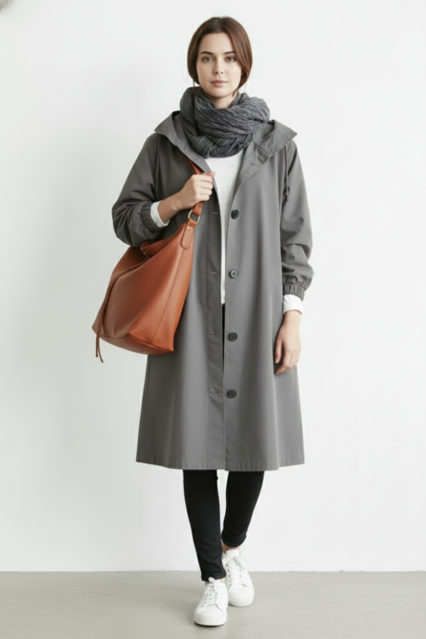 Trench coat da donna impermeabile e antivento con cappuccio per l'autunno e l'inverno