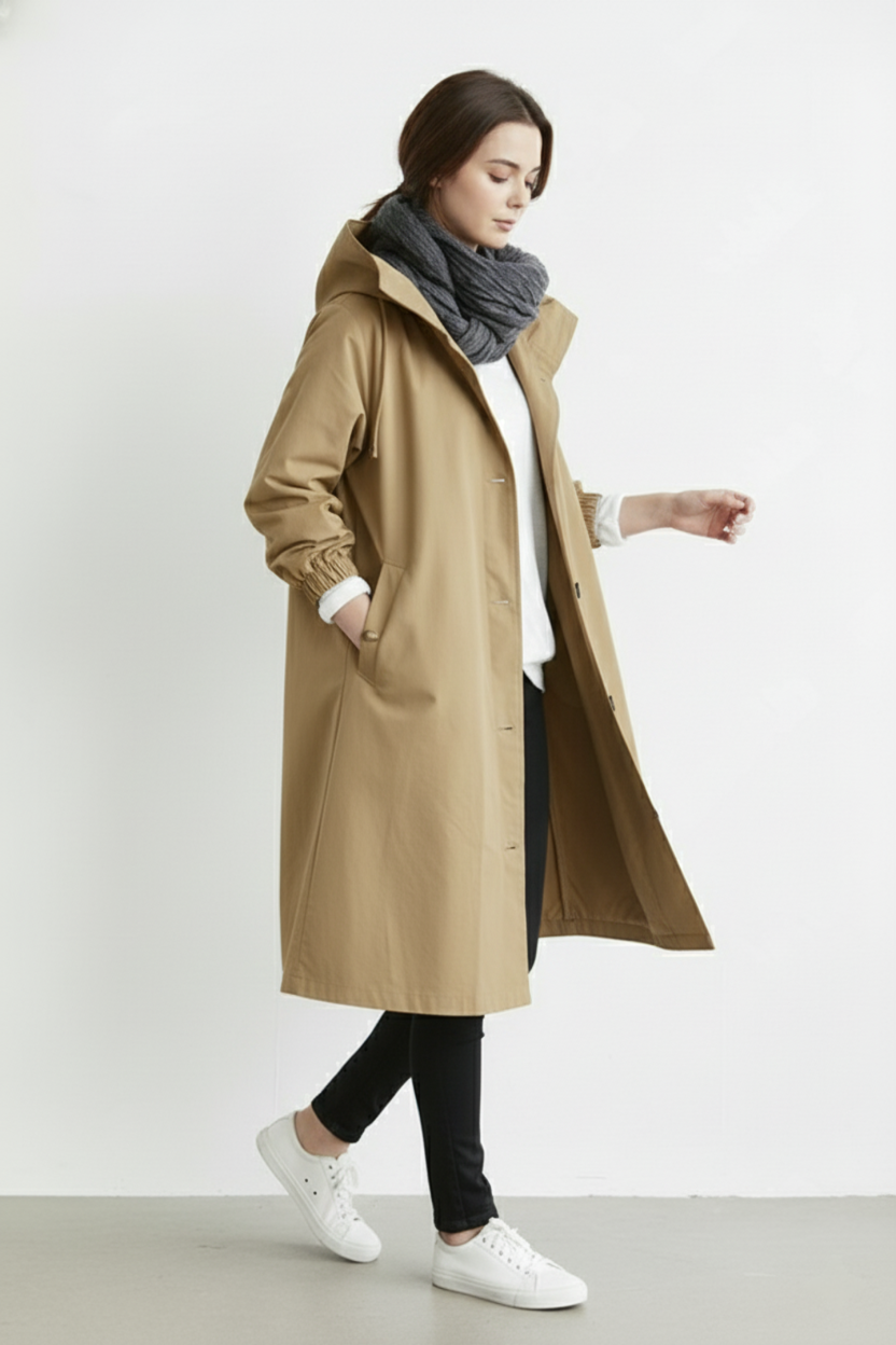 Trench coat da donna impermeabile e antivento con cappuccio per l'autunno e l'inverno