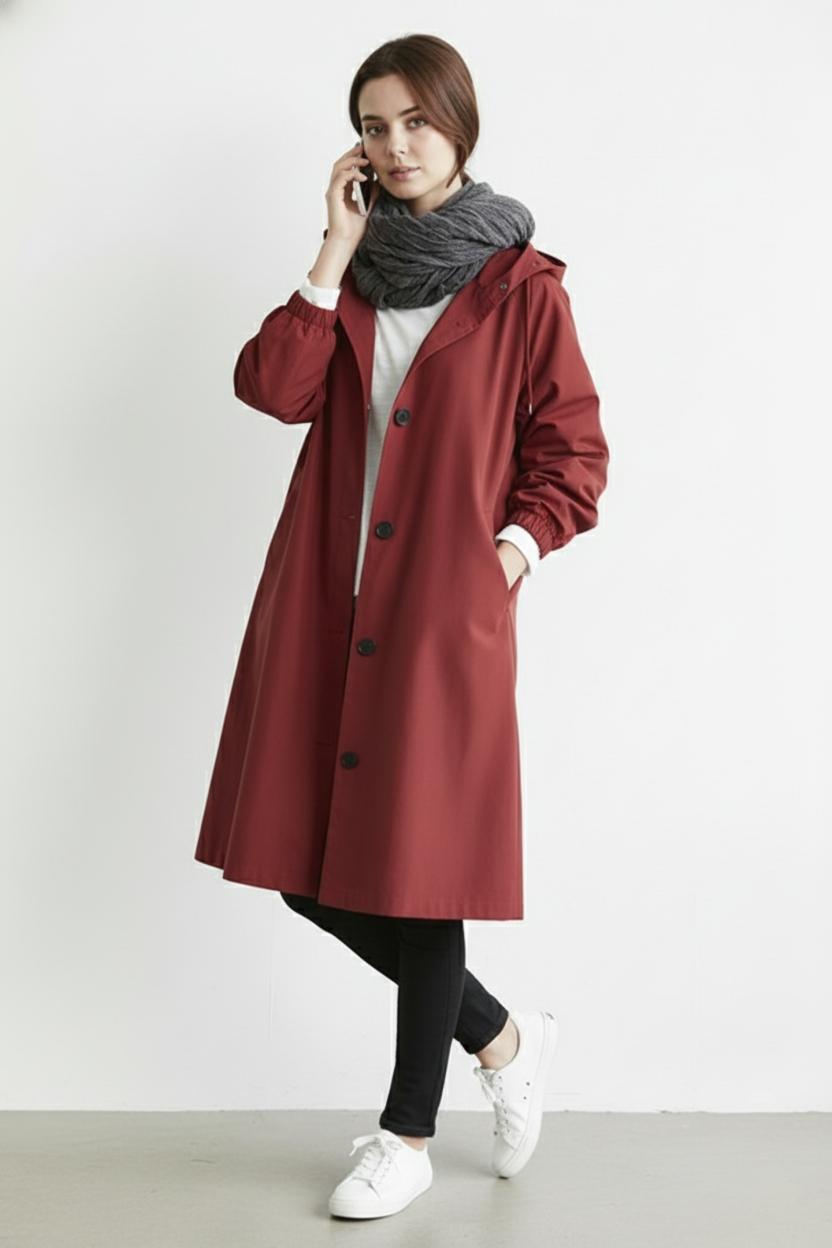 Trench coat da donna impermeabile e antivento con cappuccio per l'autunno e l'inverno