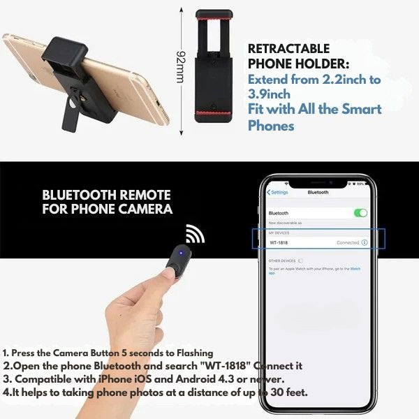 Treppiede telescopico per telefono con telecomando Bluetooth – Asta selfie e supporto universale