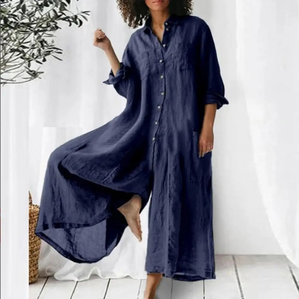 Tuta intera oversized da donna in cotone e lino