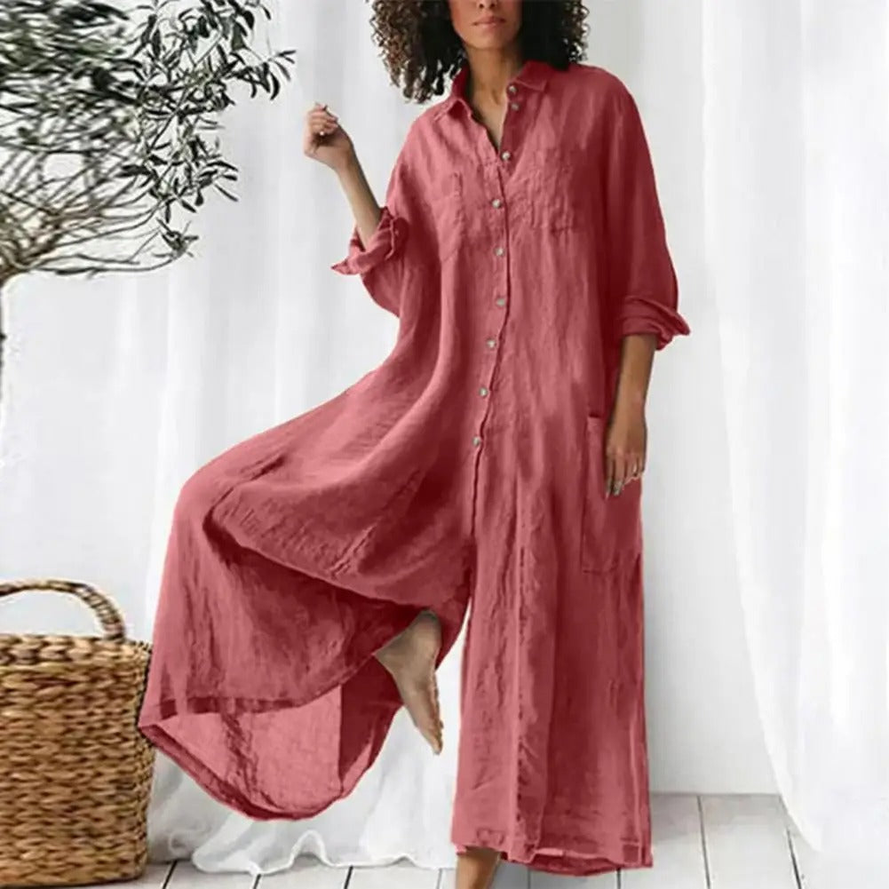 Tuta intera oversized da donna in cotone e lino
