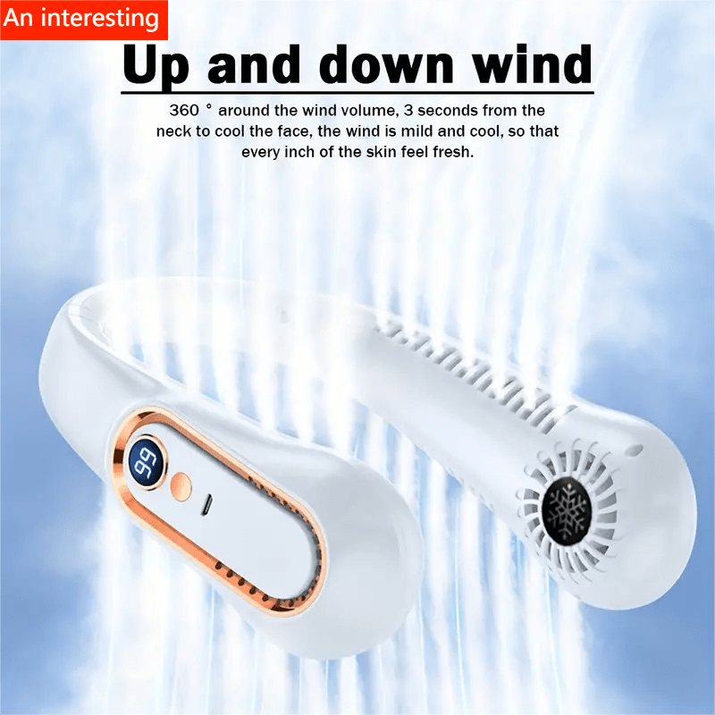 Ventilatore da collo portatile senza pale con ricarica USB, 5 velocità e display digitale – Potente raffrescatore dal design senza pale per esterno