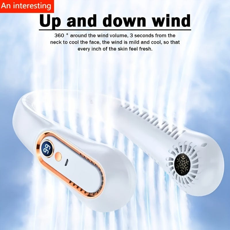 Ventilatore da collo portatile senza pale con ricarica USB, 5 velocità e display digitale – Potente raffrescatore dal design senza pale per esterno