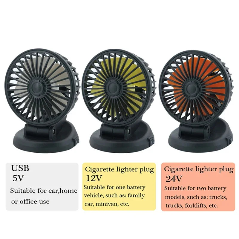 Ventilatore per Auto 12V/24V/5V | USB o Accendisigari | Girevole e Compatto | Per Auto, Camion, SUV, Camper e Ufficio