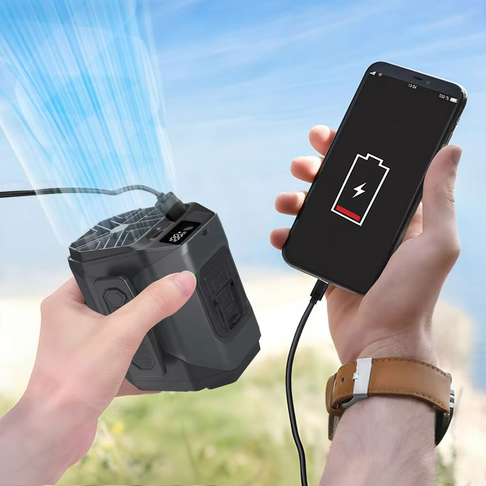 Ventilatore Portatile da Vita – Raffreddamento a Mani Libere con Power Bank Integrato e Torcia a LED