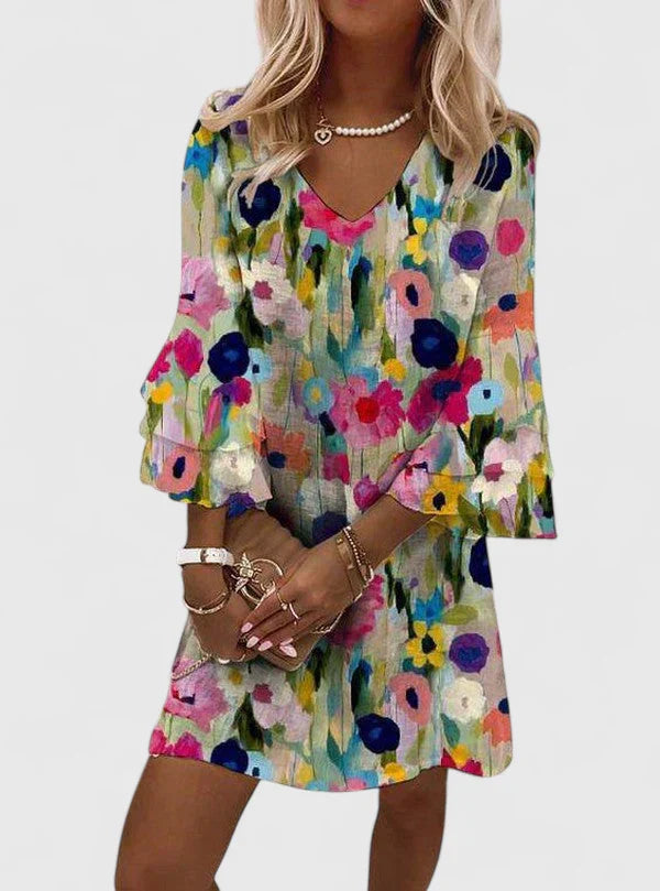 Vestito corto a fiori con scollo a V – Vestibilità comoda