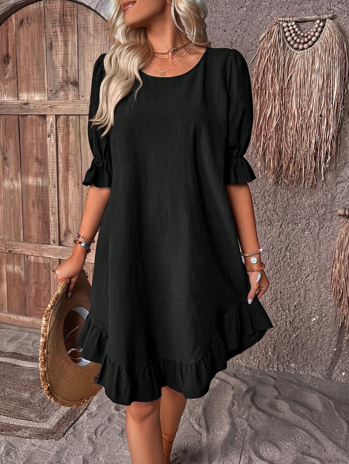 Vestito corto linea ad A da donna con volant